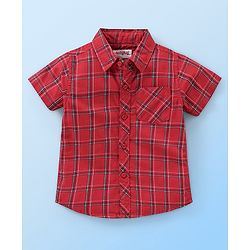 Babyhug Cotton Woven Half Sleeves Checked Shirt With Sleeveless T shirt  Text Print - Red & White