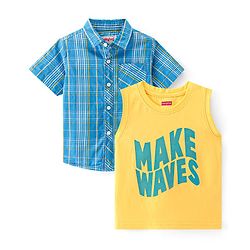 Babyhug Cotton Woven Half Sleeves Checked Shirt With Text Print T-Shirt - Blue
