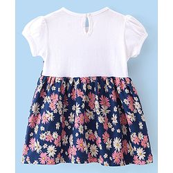 Babyhug Single Jersey Knit Half Sleeves Frock with  Floral Print - White & Navy