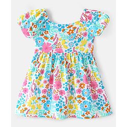 Babyhug Single Jersey Knit Half Sleeves Frock with Floral Print - White