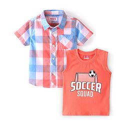 Babyhug 100% Cotton Woven Half Sleeves Check Shirt with Sleeveless Inner T-Shirt Soccer Print - Orange
