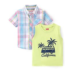 Babyhug Cotton Woven Half Sleeves Checked Shirt & California Print T-Shirt - Multicolor