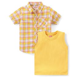 Babyhug Cotton Woven Half Sleeves Checked Shirt With Solid Sleeveless T-Shirt - Yellow