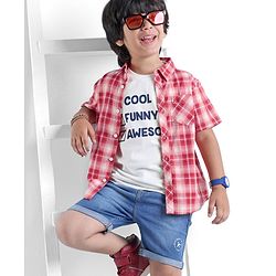 Babyhug 100% Cotton Woven Half Sleeves Regular Collar Check Shirt with Text Print T- Shirt-Multicolour