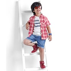 Babyhug 100% Cotton Woven Half Sleeves Regular Collar Check Shirt with Text Print T- Shirt-Multicolour