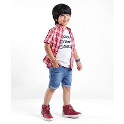 Babyhug 100% Cotton Woven Half Sleeves Regular Collar Check Shirt with Text Print T- Shirt-Multicolour