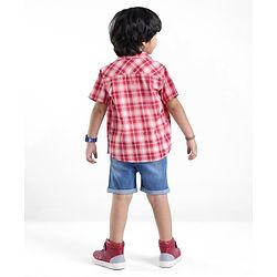 Babyhug 100% Cotton Woven Half Sleeves Regular Collar Check Shirt with Text Print T- Shirt-Multicolour