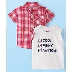 Babyhug 100% Cotton Woven Half Sleeves Regular Collar Check Shirt with Text Print T- Shirt-Multicolour