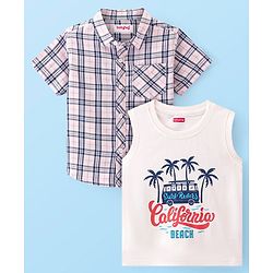Babyhug Cotton Woven Half Sleeves Regular Collar Checked Shirt & California Print T-Shirt - Pink