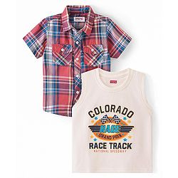 Babyhug Cotton Woven Half Sleeves Checked Shirt With Text Print T-Shirt - Multicolor