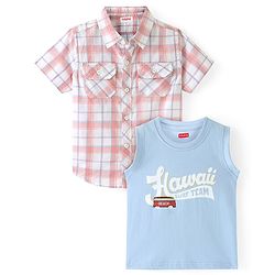 Babyhug Cotton Woven Half Sleeves Check Shirt with Hawaii Printed T-Shirt - Peach & Blue