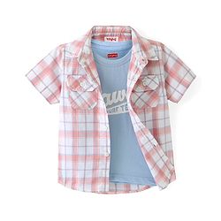 Babyhug Cotton Woven Half Sleeves Check Shirt with Hawaii Printed T-Shirt - Peach & Blue