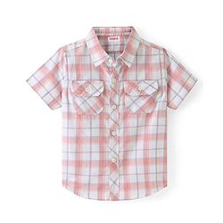Babyhug Cotton Woven Half Sleeves Check Shirt with Hawaii Printed T-Shirt - Peach & Blue