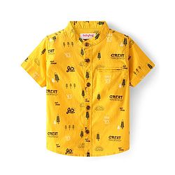 Babyhug Cotton Woven Half Sleeves Shirt with  Text Print - Yellow