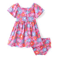 Babyhug Single Jersey Knit Half Sleeves Floral Printed Frock with Bloomer - Multicolor