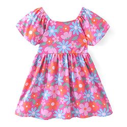 Babyhug Single Jersey Knit Half Sleeves Floral Printed Frock with Bloomer - Multicolor