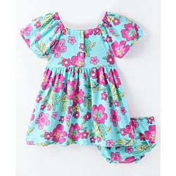 Babyhug Single Jersey Knit Half Sleeves Frock With Bloomer Floral Print - Blue