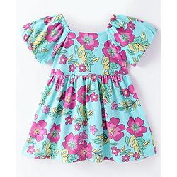Babyhug Single Jersey Knit Half Sleeves Frock With Bloomer Floral Print - Blue