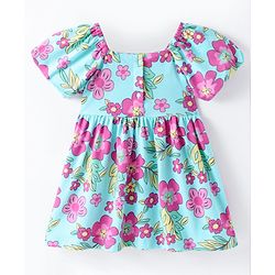 Babyhug Single Jersey Knit Half Sleeves Frock With Bloomer Floral Print - Blue