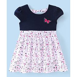 Babyhug Cotton Knit  Half Sleeves Frock Butterfly Embroidery - Navy