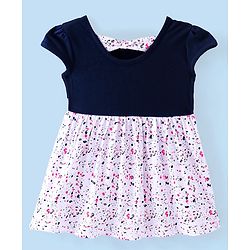 Babyhug Cotton Knit  Half Sleeves Frock Butterfly Embroidery - Navy