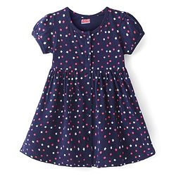 Babyhug Single Jersey Knit Half Sleeves Frock With Star Print- Navy Blue