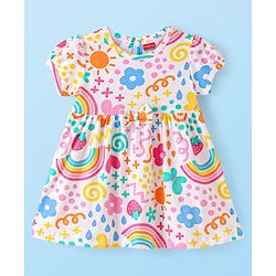 Babyhug Single Jersey Knit Half Sleeves Rainbow & Floral Printed Frock - White