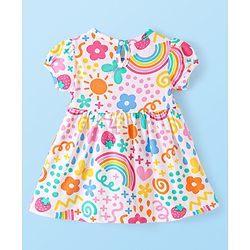 Babyhug Single Jersey Knit Half Sleeves Rainbow & Floral Printed Frock - White
