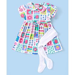 Babyhug Single Jersey Knit Half Sleeves Peter Pan Collar Frock with Leggings Floral & Heart Print - White