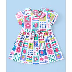 Babyhug Single Jersey Knit Half Sleeves Peter Pan Collar Frock with Leggings Floral & Heart Print - White
