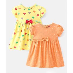 Babyhug Single Jersey Knit Half Sleeves Frocks with Polka Dot Print Bow Applique Pack of 2 - Multicolour