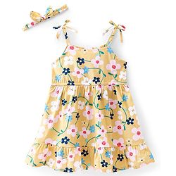 Babyhug 100% Cotton Woven Sleeveless Floral Printed Frock with Headband -Yellow