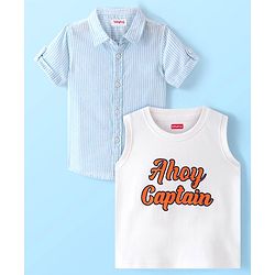 Babyhug Cotton Half Sleeves Striped Kurta Shirt with Printed Inner T-Shirt - Light Blue & White