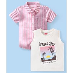 Babyhug Cotton Woven Half Sleeves   Striped Shirt with Sleeveless T-Shirt Tropical Print - Pink