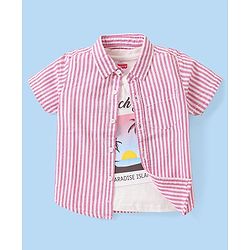 Babyhug Cotton Woven Half Sleeves   Striped Shirt with Sleeveless T-Shirt Tropical Print - Pink