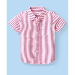 Babyhug Cotton Woven Half Sleeves   Striped Shirt with Sleeveless T-Shirt Tropical Print - Pink