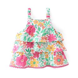 Babyhug 100% Cotton Knit Sleeveless Top with Frills Lace Detailing & Floral Print- Top