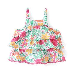 Babyhug 100% Cotton Knit Sleeveless Top with Frills Lace Detailing & Floral Print- Top