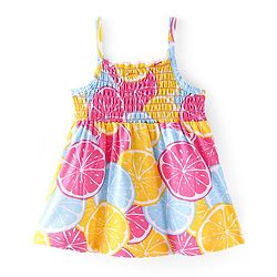 Babyhug 100% Cotton Knit Sleeveless Top with Orange Print & Smocking Detailing - Multicolour