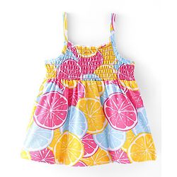 Babyhug 100% Cotton Knit Sleeveless Top with Orange Print & Smocking Detailing - Multicolour
