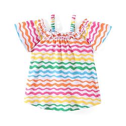 Babyhug Cotton Knit Half  Sleeves Top with Frill Detailing Wavy Print - Multicolour