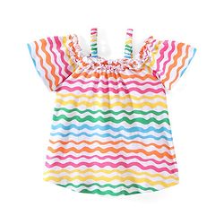 Babyhug Cotton Knit Half Sleeves Cropped Top with Frill Detailing Wavy Print - Multicolour