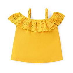 Babyhug Cotton Knit  Sleeveless Schiffli Top With Frill Detailing - Mustard