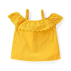 Babyhug Cotton Knit  Sleeveless Schiffli Top With Frill Detailing - Mustard