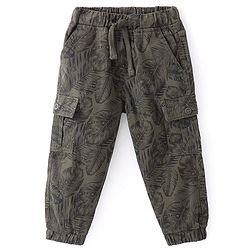 Babyhug Cotton Lycra Woven Full Length Stretchable Tropical Print Pant - Olive Grey