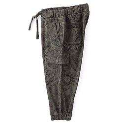 Babyhug Cotton Lycra Woven Full Length Stretchable Tropical Print Pant - Olive Grey
