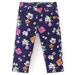 Babyhug Cotton Lycra Woven  Full Length Trousers Floral Print - Navy Blue