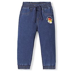 Babyhug Denim Full Length Tiger Printed Stretchable Joggers - Medium Blue