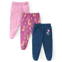 Babyhug Cotton Knit Interlock Footed Bootie Leggings Polka Dots & Deer Print Pack of 3 - Pink Purple & Blue