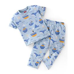 Babyhug Cotton Knit Half Sleeves Night Suit With Sea Life Print - Blue